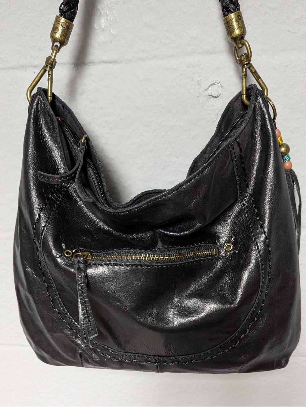 The Sak Black Shiny Leather Hobo Bag Braided Shoulder Strap